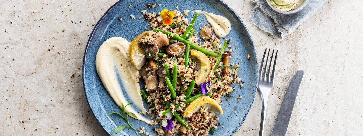 Image of Ancient grain mix, forest mushrooms, artichoke, beans and truffle mayo recipe made with Ardo products