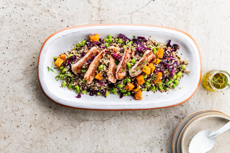 Image of Ancient grain mix with red cabbage, butternut and pork strips recipe made with Ardo products
