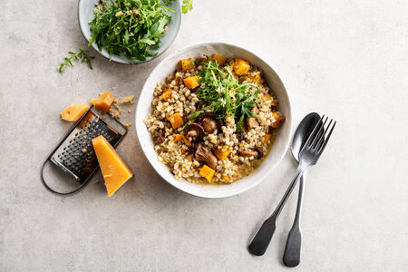 Barley risotto with butternut and forest mushrooms, Reypenaer VSOP