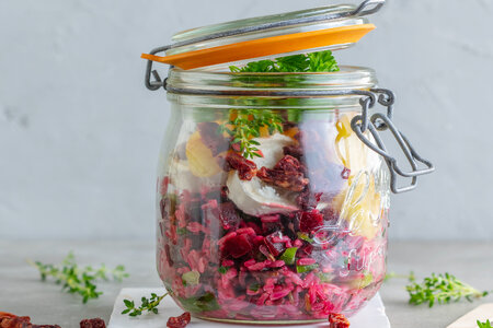 Pink beetroot rice with goat cheese and apple