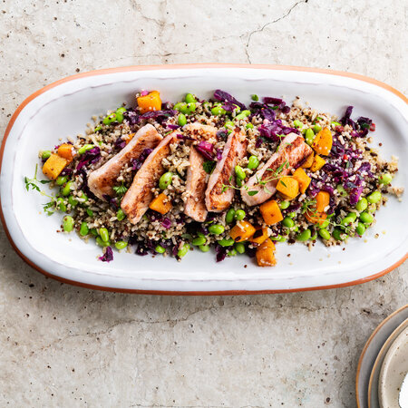 Image of Ancient grain mix with red cabbage, butternut and pork strips recipe made with Ardo products