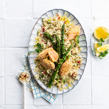 Image of Stir-fried cauliflower rice asian style, salmon balls and grilled asparagus recipe made with Ardo products