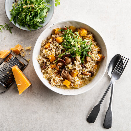 Barley risotto with butternut and forest mushrooms, Reypenaer VSOP