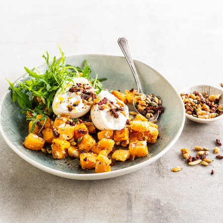Roasted butternut, burrata and salted 'beet bacon' granola