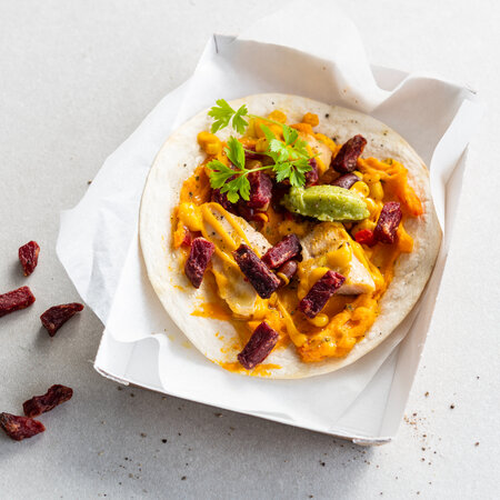 Sweet potato pizza wrap with Mexican chicken