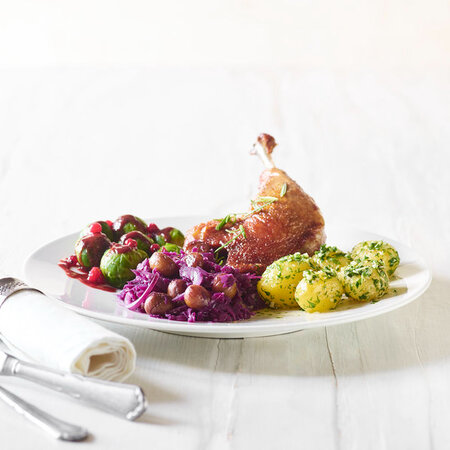 Candied Duck leg with Brussels sprouts recipe